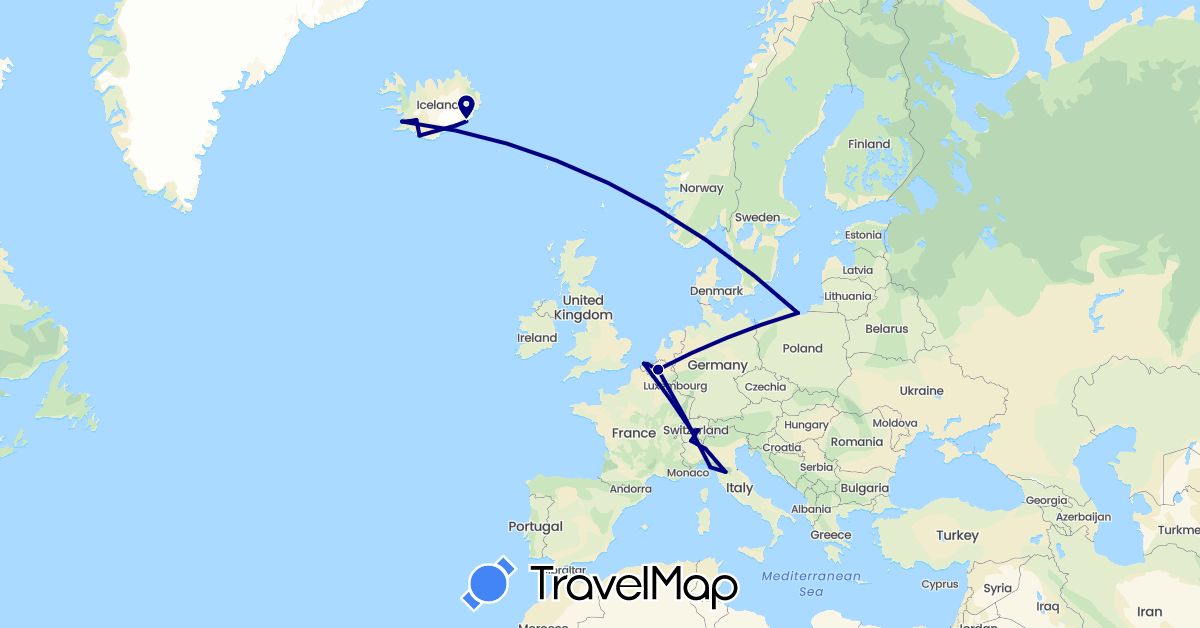 TravelMap itinerary: driving in Belgium, Switzerland, Iceland, Italy, Poland (Europe)